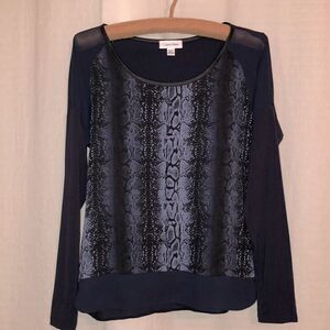 Calvin Klein XS Sheer Shoulder Inset Python Print Navy Dressy Top